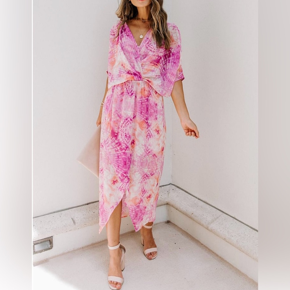 Boho Pink Tie-Dye Wrap Dress